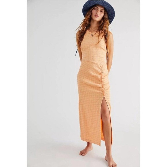 Free People Kokomo Sleeveless Dress Orange Linen Cotton Size Small Ruched Midi - Picture 1 of 10